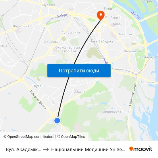 Вул. Академіка Заболотного to Національний Медичний Університет Імені О. О. Богомольця map