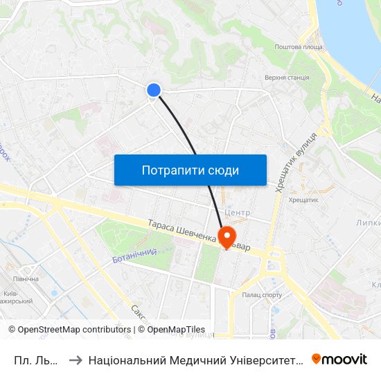 Пл. Львівська to Національний Медичний Університет Імені О. О. Богомольця map