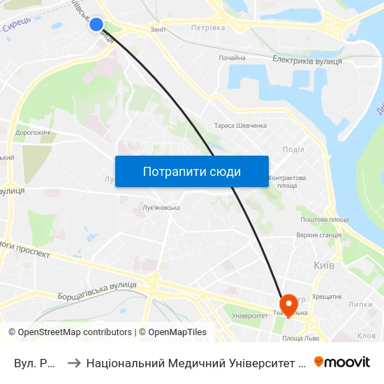 Вул. Рилєєва to Національний Медичний Університет Імені О. О. Богомольця map