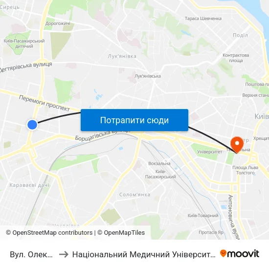 Вул. Олекси Тихого to Національний Медичний Університет Імені О. О. Богомольця map