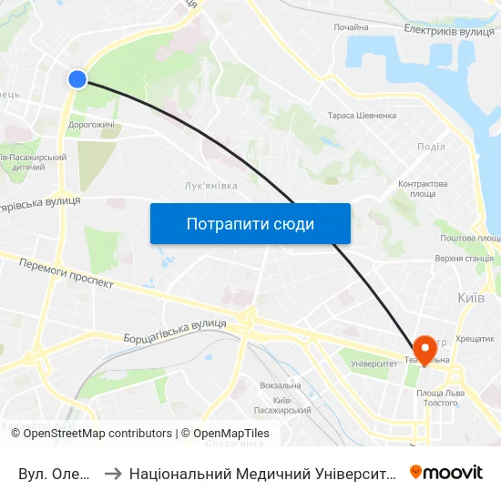 Вул. Олени Теліги to Національний Медичний Університет Імені О. О. Богомольця map