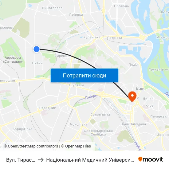 Вул. Тираспольська to Національний Медичний Університет Імені О. О. Богомольця map