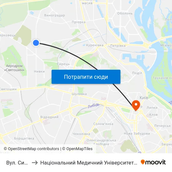 Вул. Сирецька to Національний Медичний Університет Імені О. О. Богомольця map