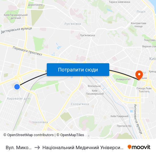 Вул. Миколи Голего to Національний Медичний Університет Імені О. О. Богомольця map