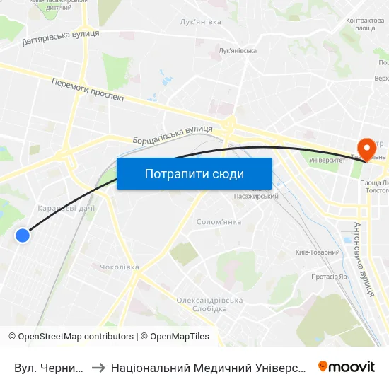 Вул. Чернишевського to Національний Медичний Університет Імені О. О. Богомольця map