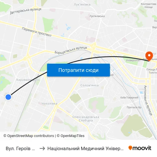 Вул. Героїв Севастополя to Національний Медичний Університет Імені О. О. Богомольця map