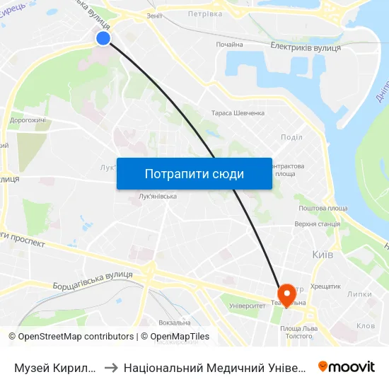 Музей Кирилівська Церква to Національний Медичний Університет Імені О. О. Богомольця map