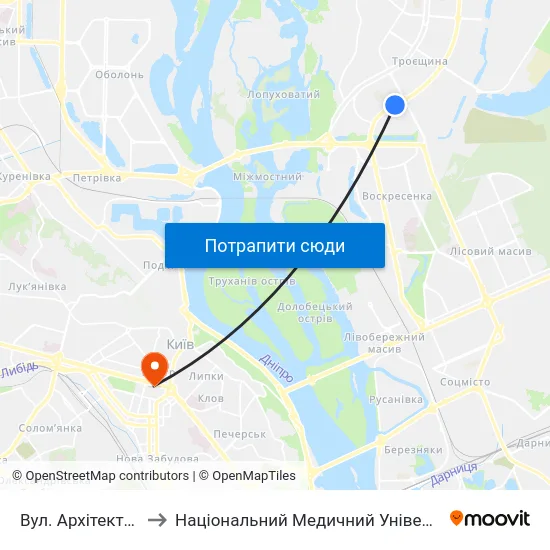 Вул. Архітектора Ніколаєва to Національний Медичний Університет Імені О. О. Богомольця map