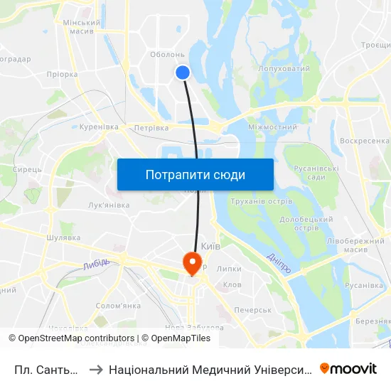 Пл. Сантьяго-Де-Чілі to Національний Медичний Університет Імені О. О. Богомольця map