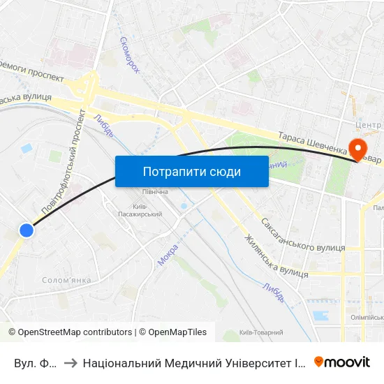 Вул. Фучика to Національний Медичний Університет Імені О. О. Богомольця map
