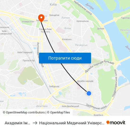 Академія Ім. М. Бойчука to Національний Медичний Університет Імені О. О. Богомольця map