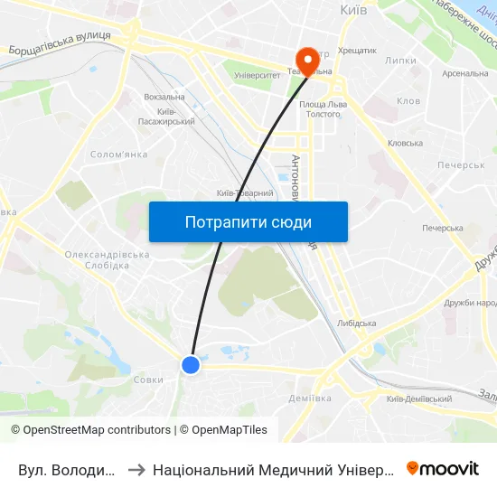 Вул. Володимира Брожка to Національний Медичний Університет Імені О. О. Богомольця map