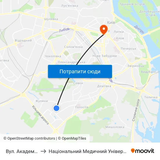 Вул. Академіка Вільямса to Національний Медичний Університет Імені О. О. Богомольця map
