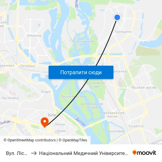 Вул. Лісківська to Національний Медичний Університет Імені О. О. Богомольця map