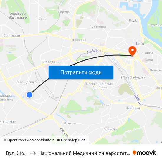 Вул. Жолудєва to Національний Медичний Університет Імені О. О. Богомольця map