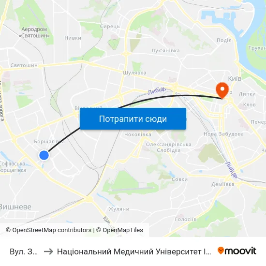 Вул. Зодчих to Національний Медичний Університет Імені О. О. Богомольця map