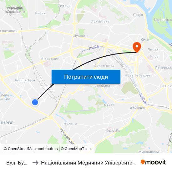 Вул. Булгакова to Національний Медичний Університет Імені О. О. Богомольця map