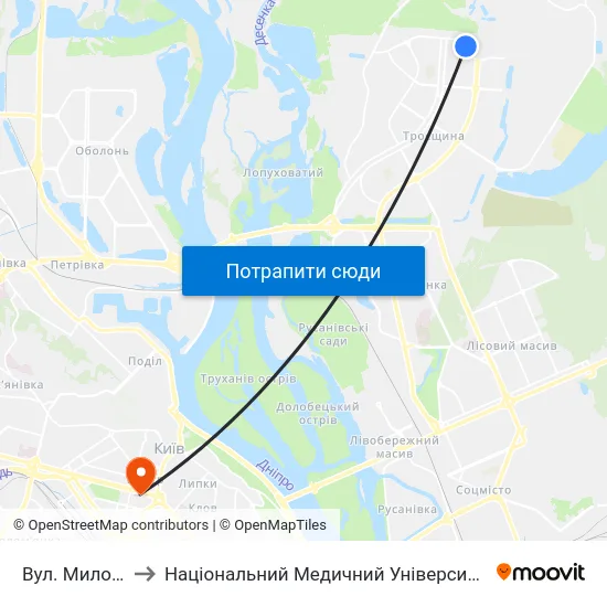 Вул. Милославська to Національний Медичний Університет Імені О. О. Богомольця map
