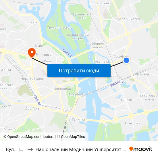 Вул. Празька to Національний Медичний Університет Імені О. О. Богомольця map