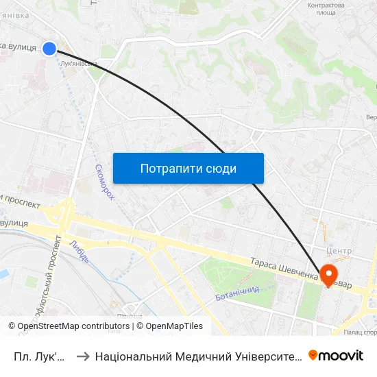 Пл. Лук'Янівська to Національний Медичний Університет Імені О. О. Богомольця map