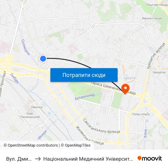 Вул. Дмитрівська to Національний Медичний Університет Імені О. О. Богомольця map