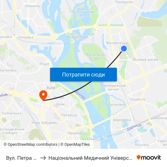 Вул. Петра Запорожця to Національний Медичний Університет Імені О. О. Богомольця map