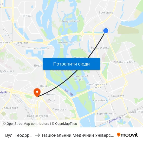 Вул. Теодора Драйзера to Національний Медичний Університет Імені О. О. Богомольця map