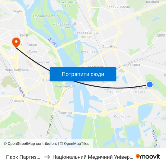 Парк Партизанської Слави to Національний Медичний Університет Імені О. О. Богомольця map