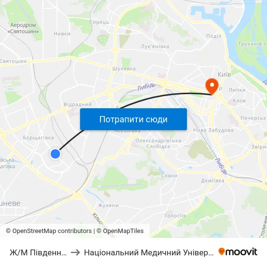 Ж/М Південна Борщагівка to Національний Медичний Університет Імені О. О. Богомольця map