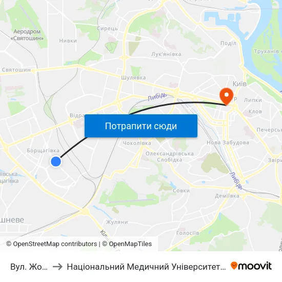 Вул. Жолудєва to Національний Медичний Університет Імені О. О. Богомольця map
