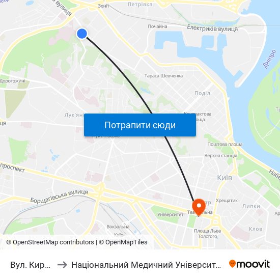 Вул. Кирилівська to Національний Медичний Університет Імені О. О. Богомольця map