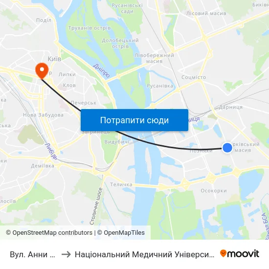 Вул. Анни Ахматової to Національний Медичний Університет Імені О. О. Богомольця map
