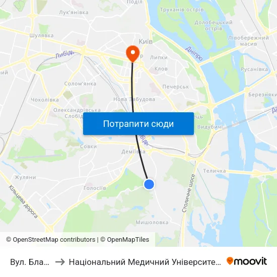 Вул. Блакитного to Національний Медичний Університет Імені О. О. Богомольця map