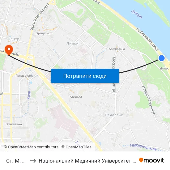 Ст. М. Дніпро to Національний Медичний Університет Імені О. О. Богомольця map