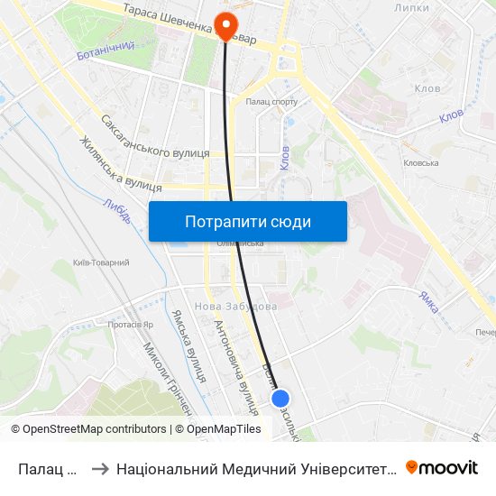 Палац Україна to Національний Медичний Університет Імені О. О. Богомольця map