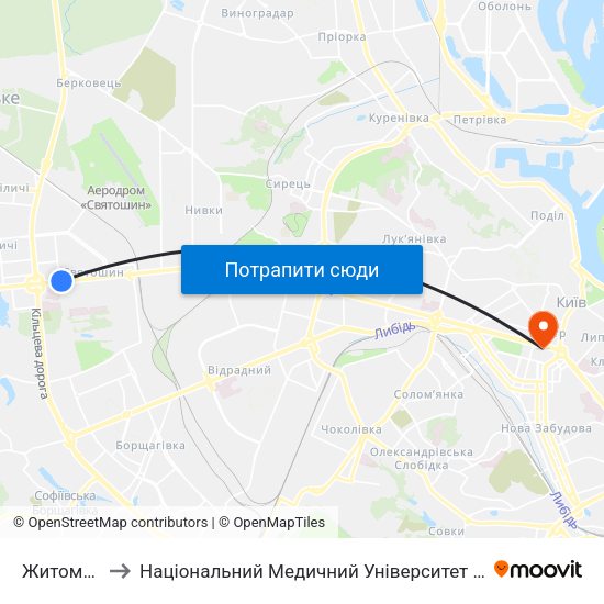 Житомирська to Національний Медичний Університет Імені О. О. Богомольця map