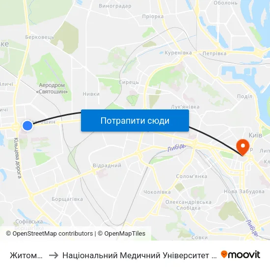 Житомирська to Національний Медичний Університет Імені О. О. Богомольця map