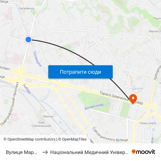 Вулиця Маршала Рибалка to Національний Медичний Університет Імені О. О. Богомольця map
