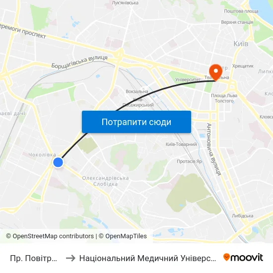 Пр. Повітрофлотський to Національний Медичний Університет Імені О. О. Богомольця map