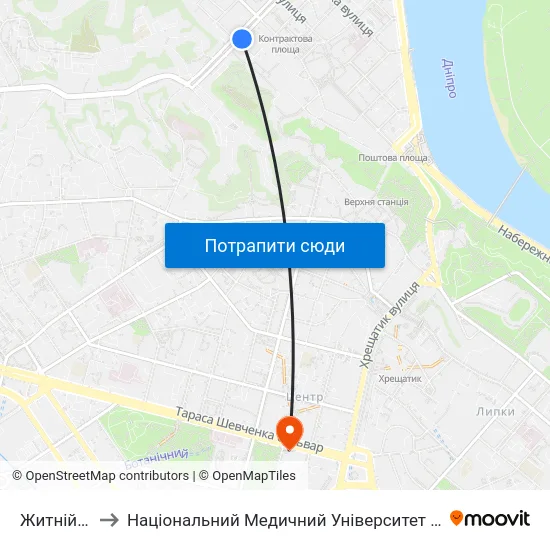 Житній Ринок to Національний Медичний Університет Імені О. О. Богомольця map