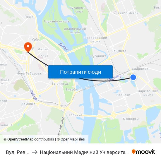 Вул. Ревуцького to Національний Медичний Університет Імені О. О. Богомольця map