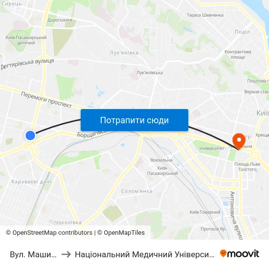 Вул. Машинобудівна to Національний Медичний Університет Імені О. О. Богомольця map