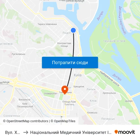 Вул. Хорива to Національний Медичний Університет Імені О. О. Богомольця map