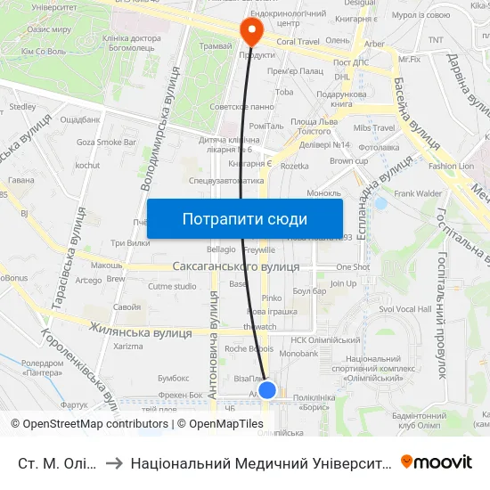 Ст. М. Олімпійська to Національний Медичний Університет Імені О. О. Богомольця map