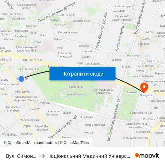 Вул. Симона Петлюри to Національний Медичний Університет Імені О. О. Богомольця map