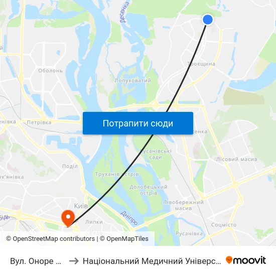 Вул. Оноре Де Бальзака to Національний Медичний Університет Імені О. О. Богомольця map