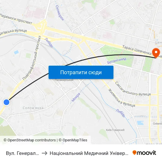 Вул. Генерала Воробйова to Національний Медичний Університет Імені О. О. Богомольця map