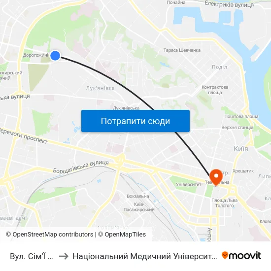 Вул. Сім'Ї Хохлових to Національний Медичний Університет Імені О. О. Богомольця map