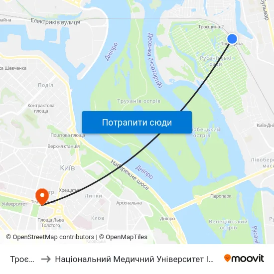 Троєщина to Національний Медичний Університет Імені О. О. Богомольця map