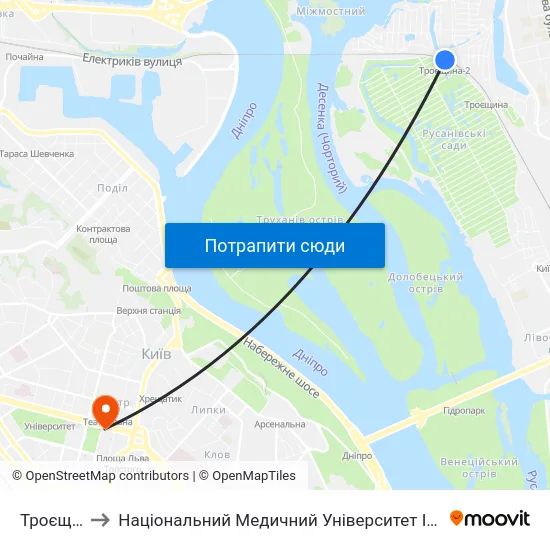 Троєщина-2 to Національний Медичний Університет Імені О. О. Богомольця map